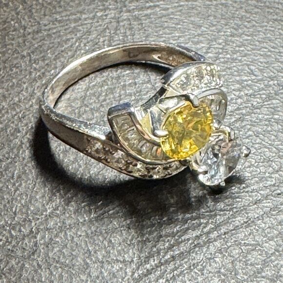 Sterling Silver Womens Ring CZ Cubic Zirconia Size 9 Yellow & Clear Multiple Gem - Picture 3 of 7